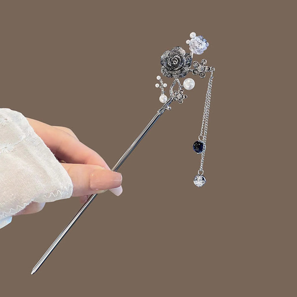Classic Hair Stick Chopsticks Ink Color Flower Metal Fringe Hairpin For Women Pearl Black Beads Cheongsam Hair Bun Jewelry Gifts