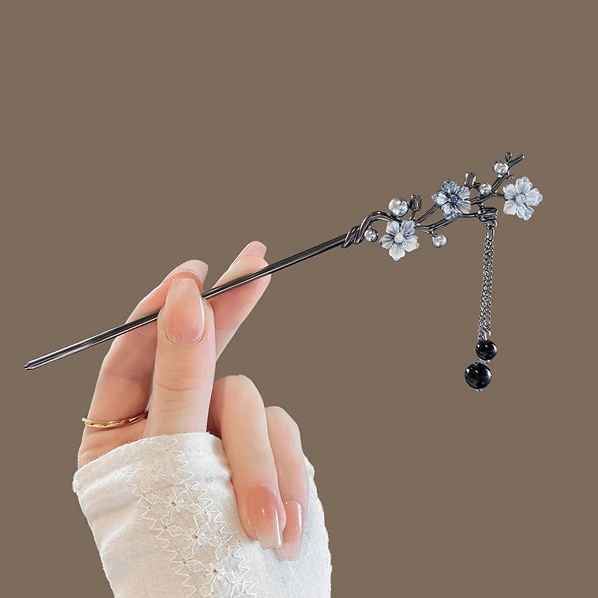 Classic Hair Stick Chopsticks Ink Color Flower Metal Fringe Hairpin For Women Pearl Black Beads Cheongsam Hair Bun Jewelry Gifts