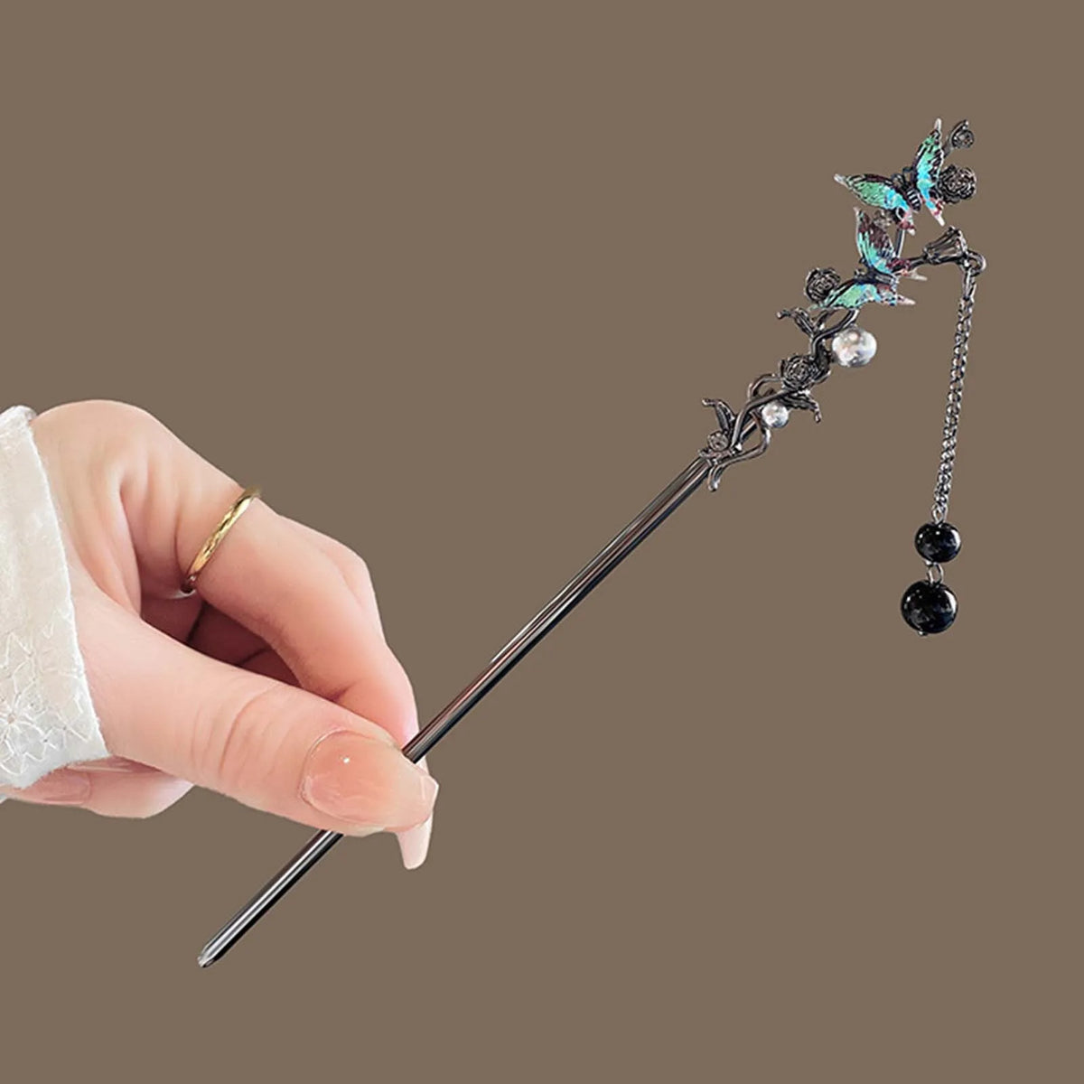Classic Hair Stick Chopsticks Ink Color Flower Metal Fringe Hairpin For Women Pearl Black Beads Cheongsam Hair Bun Jewelry Gifts