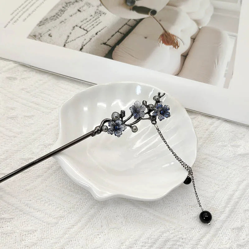 Classic Hair Stick Chopsticks Ink Color Flower Metal Fringe Hairpin For Women Pearl Black Beads Cheongsam Hair Bun Jewelry Gifts