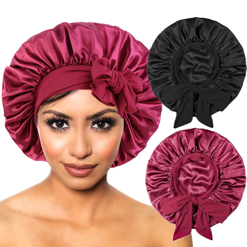New Satin Sleeping Cap For Women Solid Wide Band Stretch Head Tie Silky Bonnet Edge Wrap Nightcap Hair Care Shower Head Cover