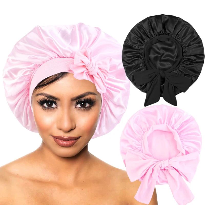 New Satin Sleeping Cap For Women Solid Wide Band Stretch Head Tie Silky Bonnet Edge Wrap Nightcap Hair Care Shower Head Cover
