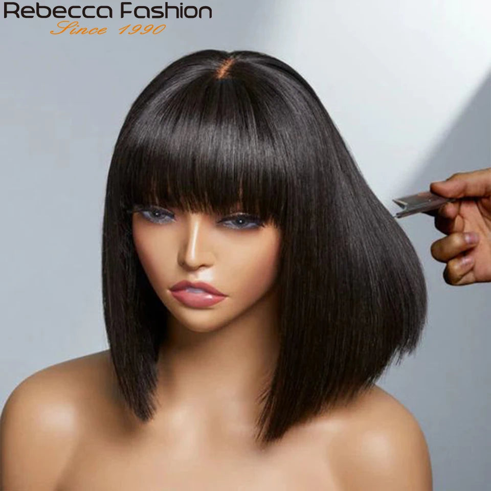 Straight Human Hair Wigs With Bangs Fringe Middle Part Bob Lace Wigs Realistic Scalp Brazilian Straight Bob Lace Wigs With Bangs